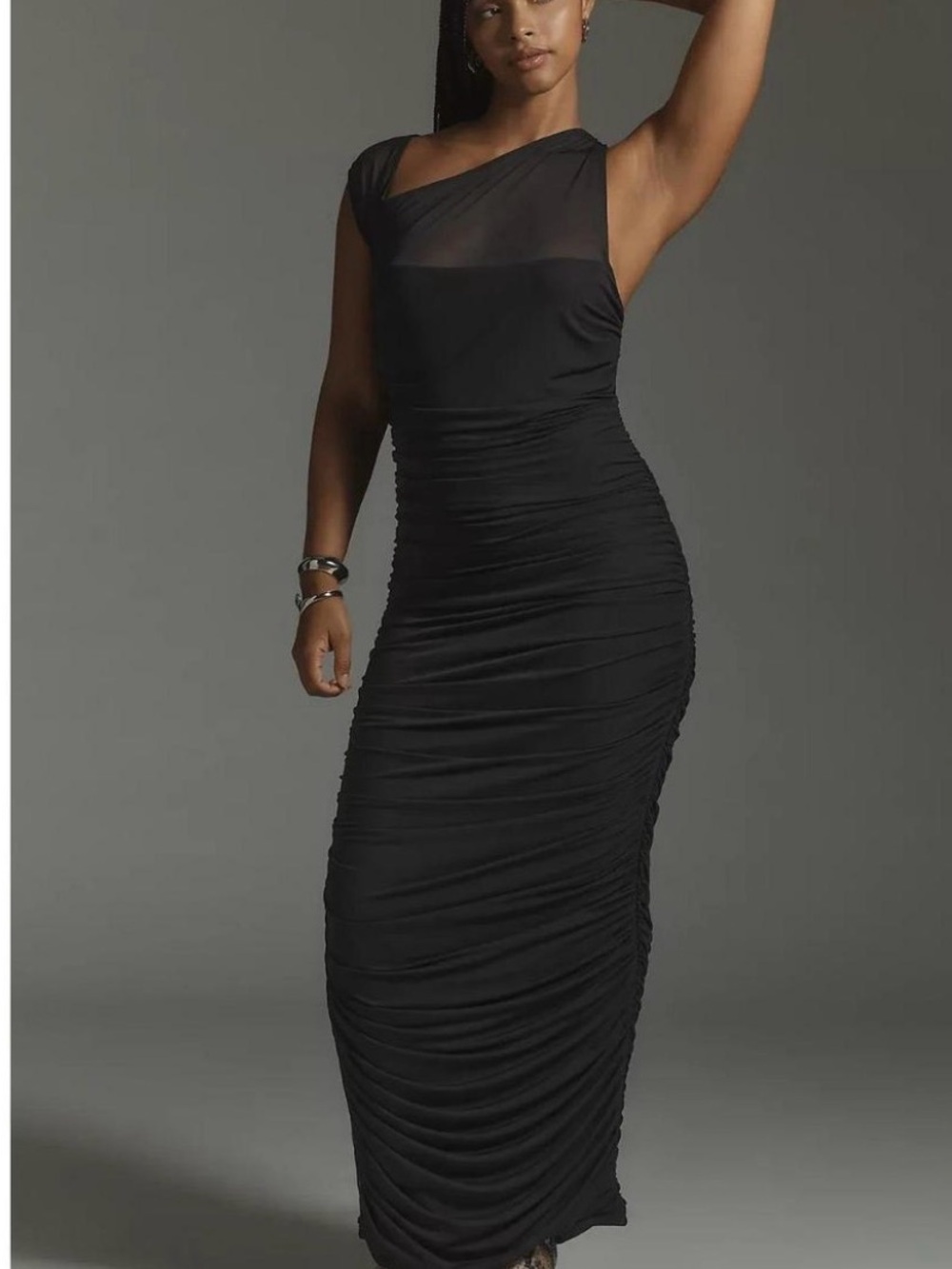 AFRM mesh Elegant Black One-Shoulder Ruched Maxi Dress